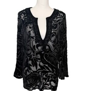 Chicos Black Burnout Velvet Silk Blend Sheer Beaded Tunic 1 US M Whimsygoth Boho